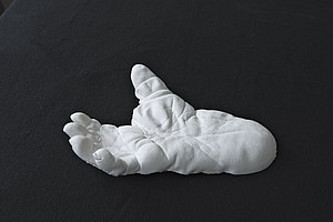 A plaster cast of the right foot of a female western gorilla (Gorilla gorilla). The big toe is spread apart and opposable, which allows for a gripping movement. Cast made by: Werner Beckmann, Photo: Karin Tilch