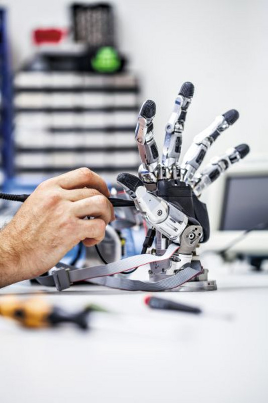 Wartung einer Roboterhand in der Werkstatt der Neurobiologie des DPZ. Foto: Thomas Steuer