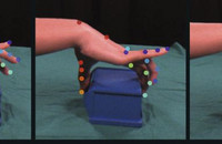 Detaillierte videobasierte Erfassung der Bewegung aller Fingergelenke einer Hand beim Greifen eines Objektes mittels künstlicher Intelligenz. Foto: Swathi Sheshadri