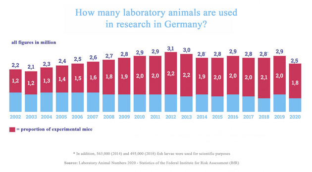 Figure 1: Comparison of the experimental animal numbers from 2002 until 2020. Source: Versuchstierzahlen 2002-2020, BMEL. Graphics: Tierversuche verstehen